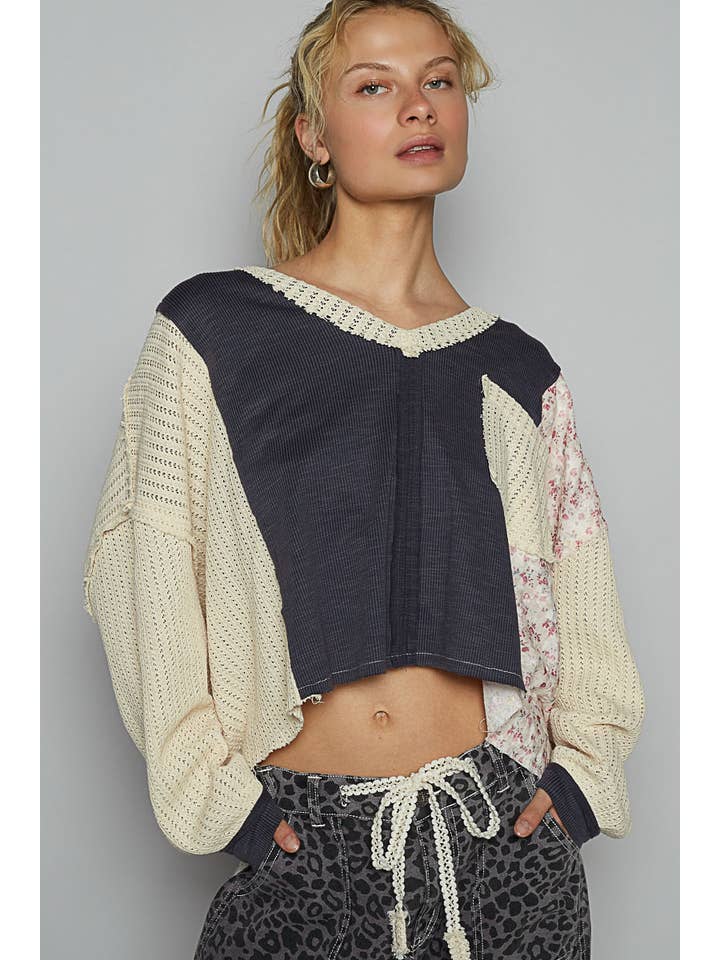 Pol Clothing - Wholesale Knit Top - Women's - Vintage wash V-neck floral ribbed knit top SALE