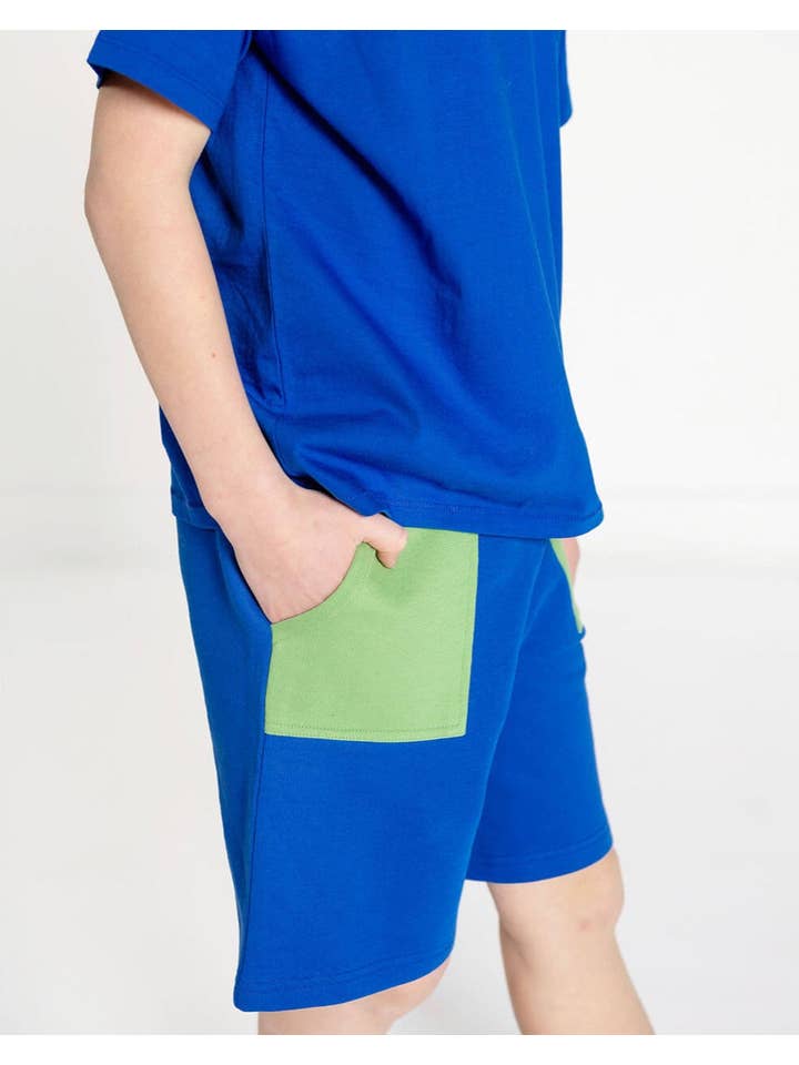 Crann Organic – Großhandel Shorts – Kinder – Kindershorts aus Bio-Baumwolle - Blauer Farbblock2