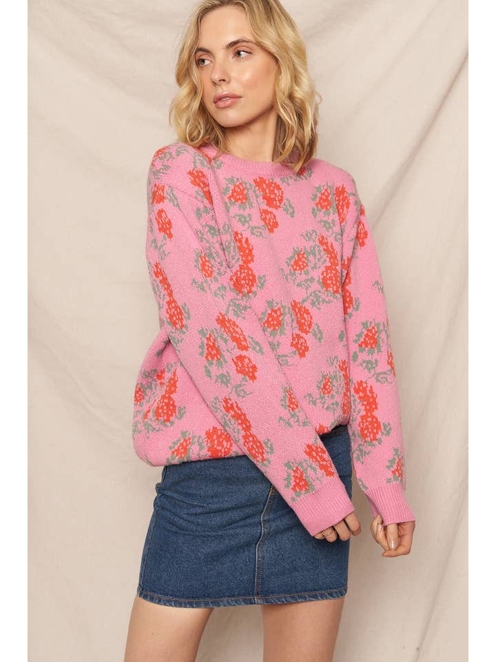PINK RED Rose Print Knit Sweater for wholesale on Faire