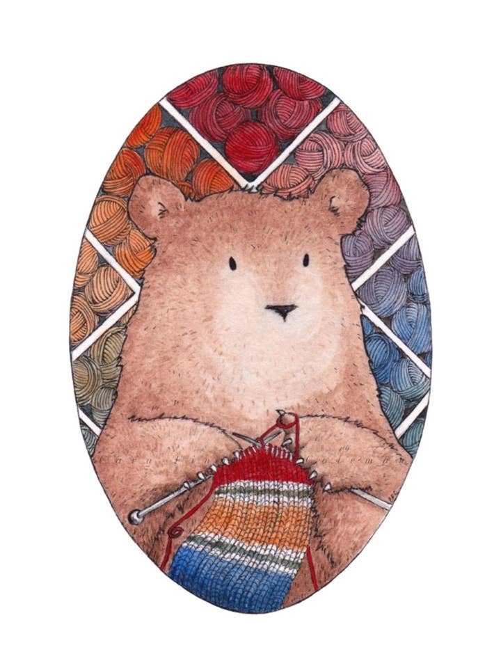 Hobby Bear Knitting Fine Art Print for wholesale by Little Bear Illustration
