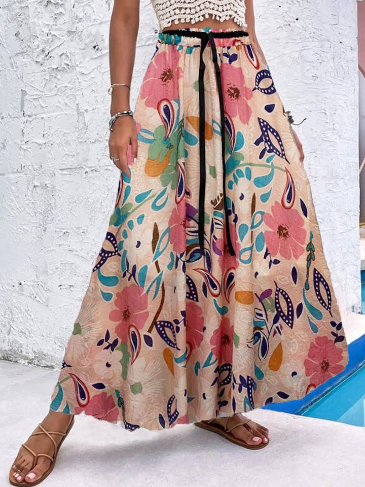 Bohemian Printed Lining Laced Maxi Beach Skirt for wholesale by HIDDENBRAND