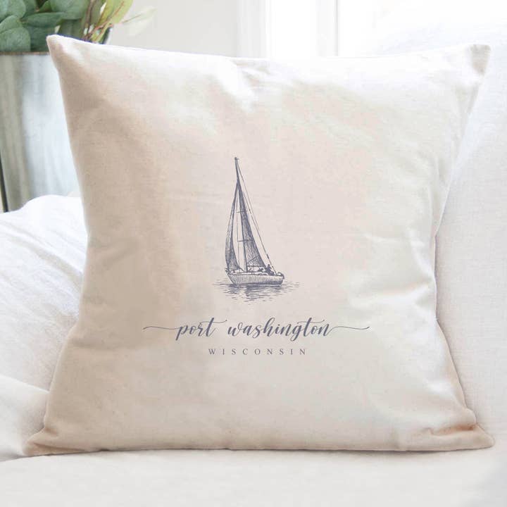 Sailboat w/ City, State - Coussin carré en toile personnalisé pour la vente par Cottage Shore