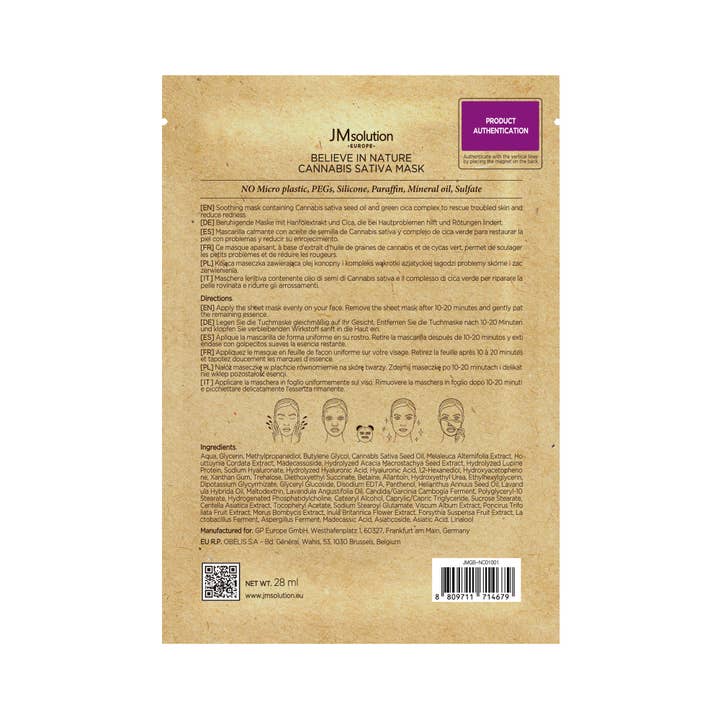 JMsolution Europe – Engroshandel Ansigtsmaske – JMsolution Europe Believe in Nature Cannabis Sativa Frøolie Maske2