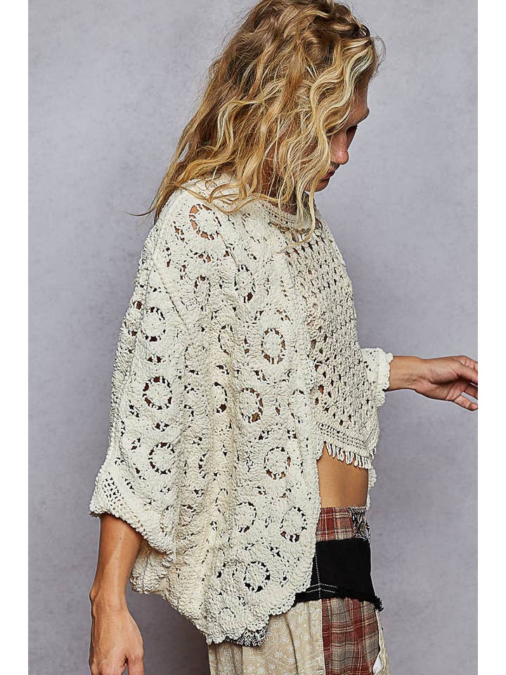 Pol Clothing - Wholesale Cardigan - Women's - Long sleeve v neck floral pattern crochet chenille cardigan18