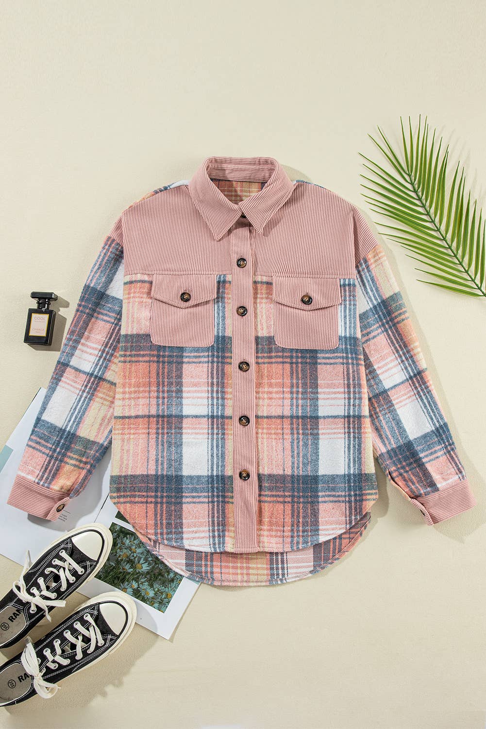 66DISCO - Wholesale Shirt Jacket/Shacket - Women's - Plaid Corduroy Patchwork Chest Pocket Shacket (S-2XL)3