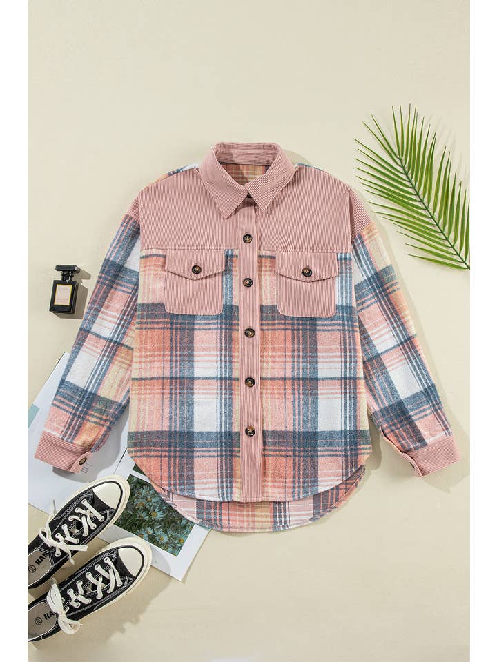 66DISCO - Wholesale Shirt Jacket/Shacket - Women's - Plaid Corduroy Patchwork Chest Pocket Shacket (S-2XL)3