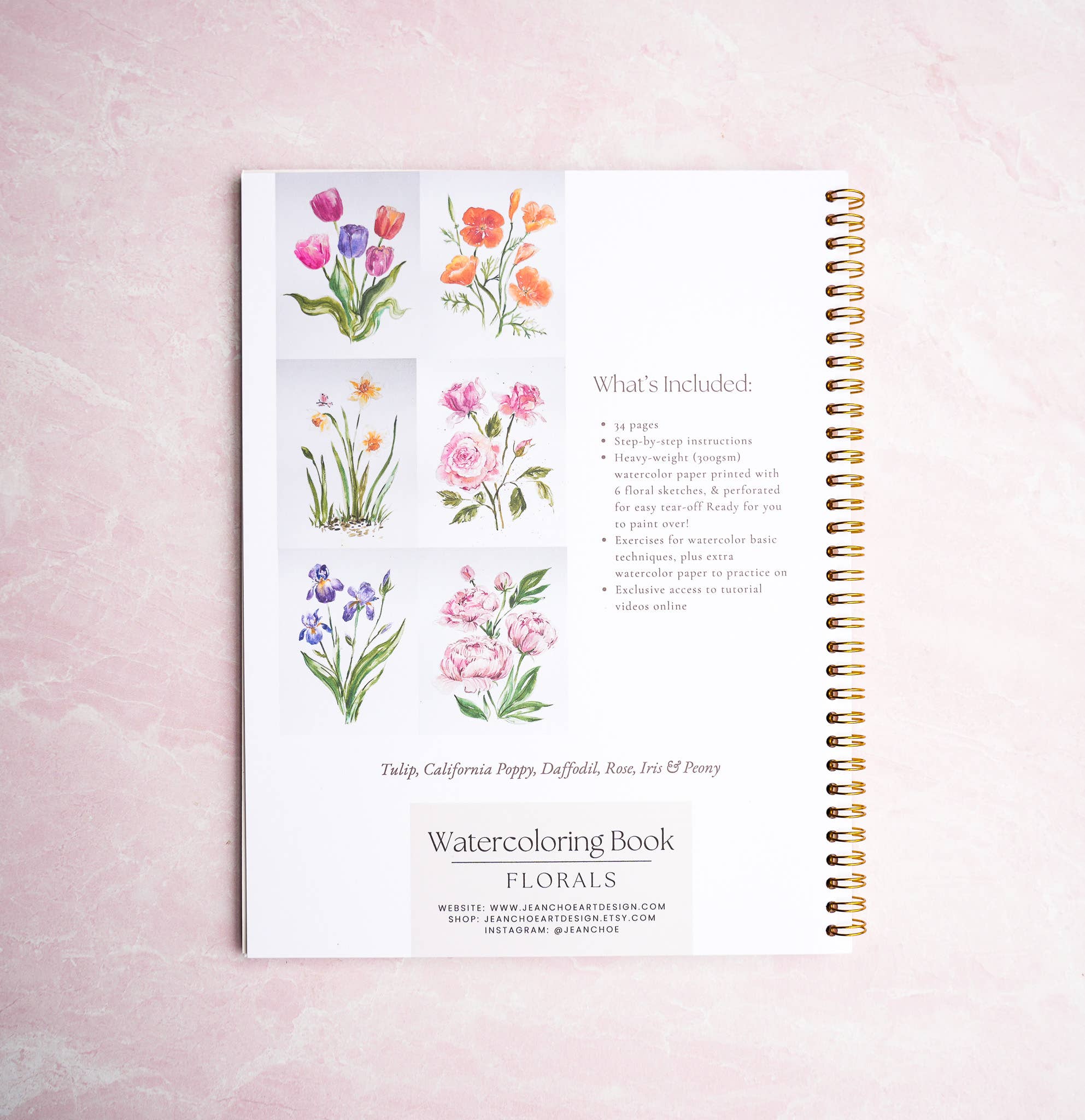 Jean Choe Art & Design - Wholesale Sketchbook/Sketchpad - Watercoloring Book. Watercolor Workbook - Outlined Flowers.2