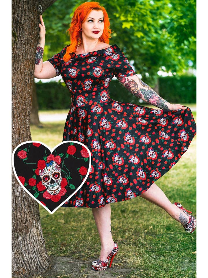 Dolly & Dotty - Wholesale Dress - Women's - Rockabilly Skulls & Roses Darlene Swing Dress