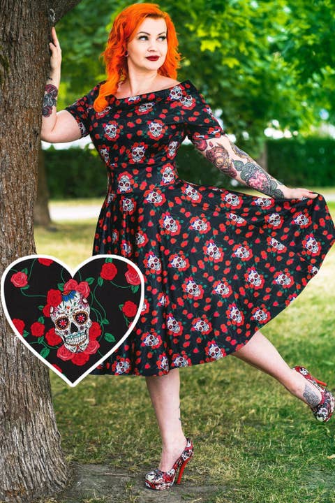 Rockabilly Skulls & Roses Darlene Swing Dress for wholesale by Dolly & Dotty