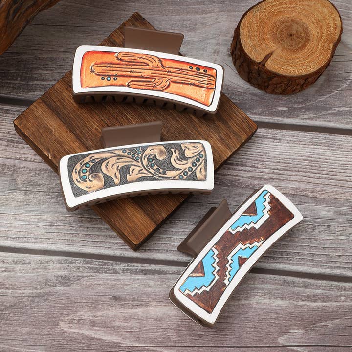 Western Cactus Leather Hair Claw - Shark Clip_CWASC1629 for wholesale by ACCITY