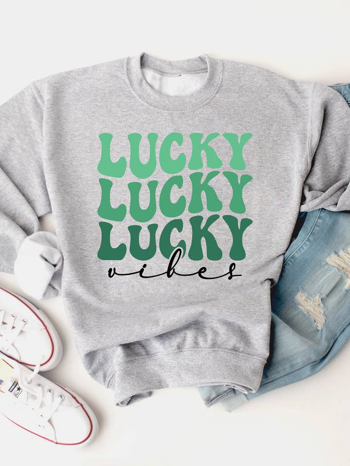 Tickled Teal - Wholesale Graphic Sweatshirt - Women's - Lucky Vibes - Graphic Sweatshirt