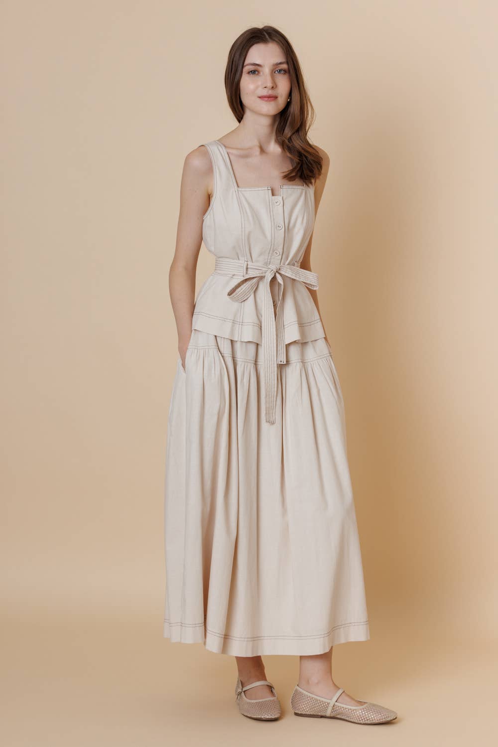 A & SHE - Wholesale T-Shirt - Women's - Square Neck Button Down Contrast Stitch Belted Top5