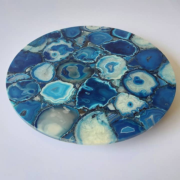 Blauwe agaat kaasplank 12" rond dienblad voor wholesale door Serein Wellness