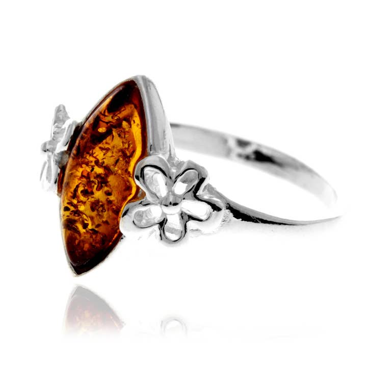 SilverAmber Jewellery - Wholesale Cocktail/Statement Ring - 925 Sterling Silver & Genuine Baltic Amber Flower Ring - GL409
