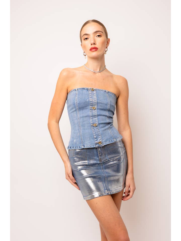 Blue Soho Stretch Metallic Denim Mini Skirt for wholesale on Faire