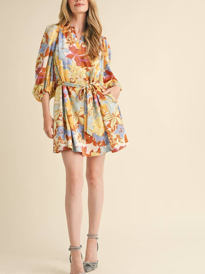 &MERCI - Wholesale Dress - Women's - EXCLUSIVE PRINT PUFF SLEEVE TYING WAIST MINI DRESS MDR335310