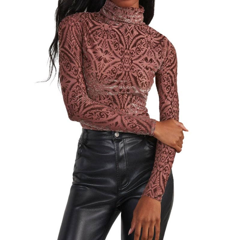 safistyle - Wholesale Blouse - Women's - High Neck Velvet Printed Long-Sleeve Top4