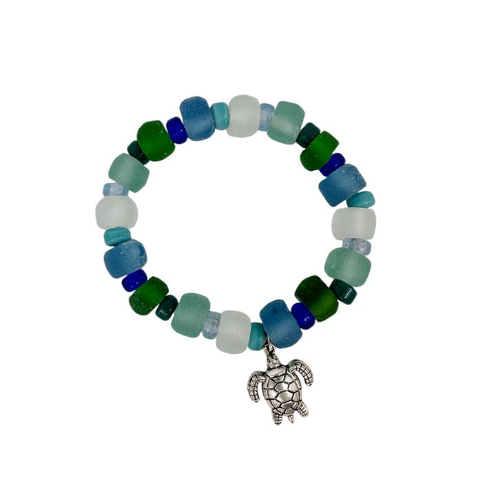 Recycled Sea Beach Glass Stretch Bracelet Turtle Charm Dark for wholesale by Maka Imports