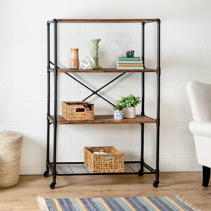 Black/Brown 4-Tier Industrial Rolling Bookshelf for wholesale by Honey-Can-Do