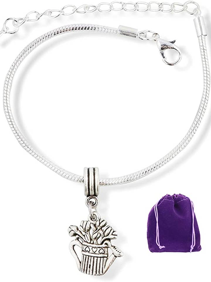 Emerald Park Jewelry Watering Pot with Plants Snake Chain Charm Bracelet for wholesale by Dave The Bunny