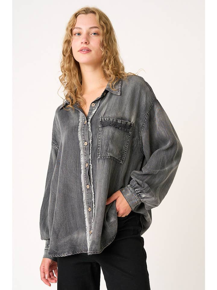 WASHED CHAMBRAY RAW EDGE FRILL BUTTON DOWN SHIRT for wholesale by mittoshop