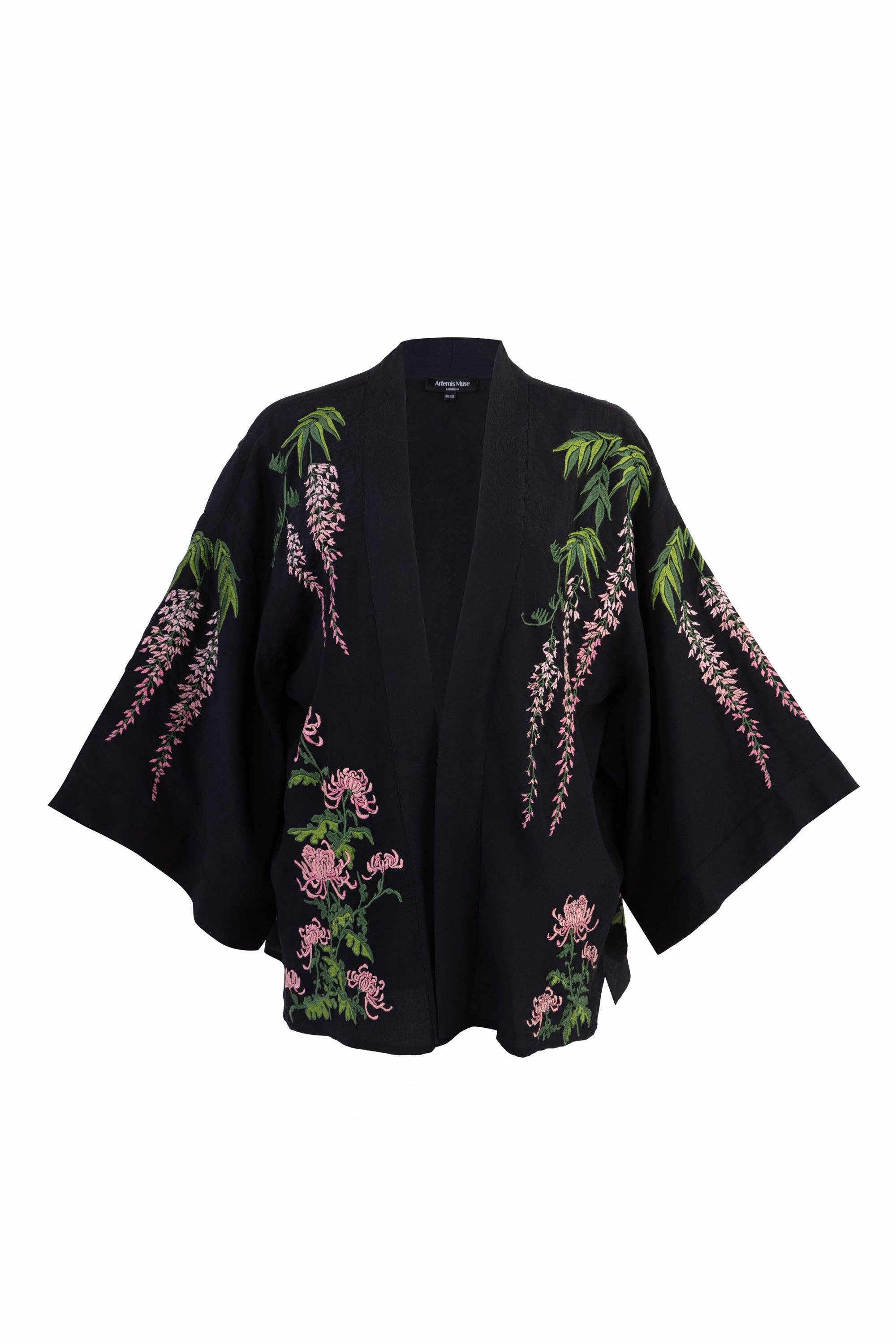 Artemis Muse - Vente Kimono – femme - Kimono court noir doublé avec broderies glycine et chrysanthème en rose et vert5
