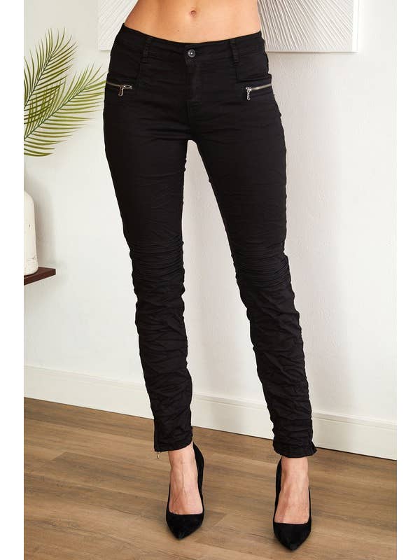VENTI6 - Vendita all'ingrosso Jeans - Donna - PANTALONI IN DENIM INCRESPATO CON TASCA CON CERNIERA (50221-NERO)
