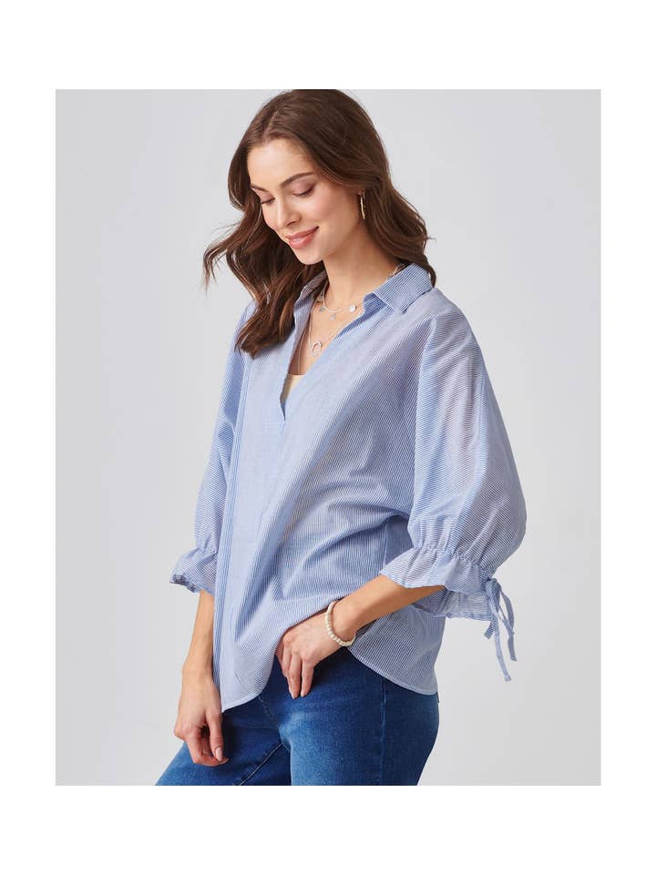 Charlie Paige - Wholesale Knit Top - Women's - Cotton Pinstripe Tulip Back Shirt