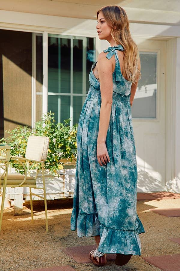 GREEN D3030 Tie-dye Print Ruffled Woven Long Dress for wholesale on Faire6