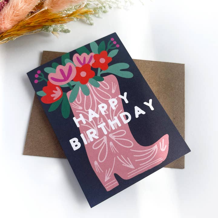 Cowgirl Boot Florals Birthday Western Chic Mini Card for wholesale by Paper Parasol Press