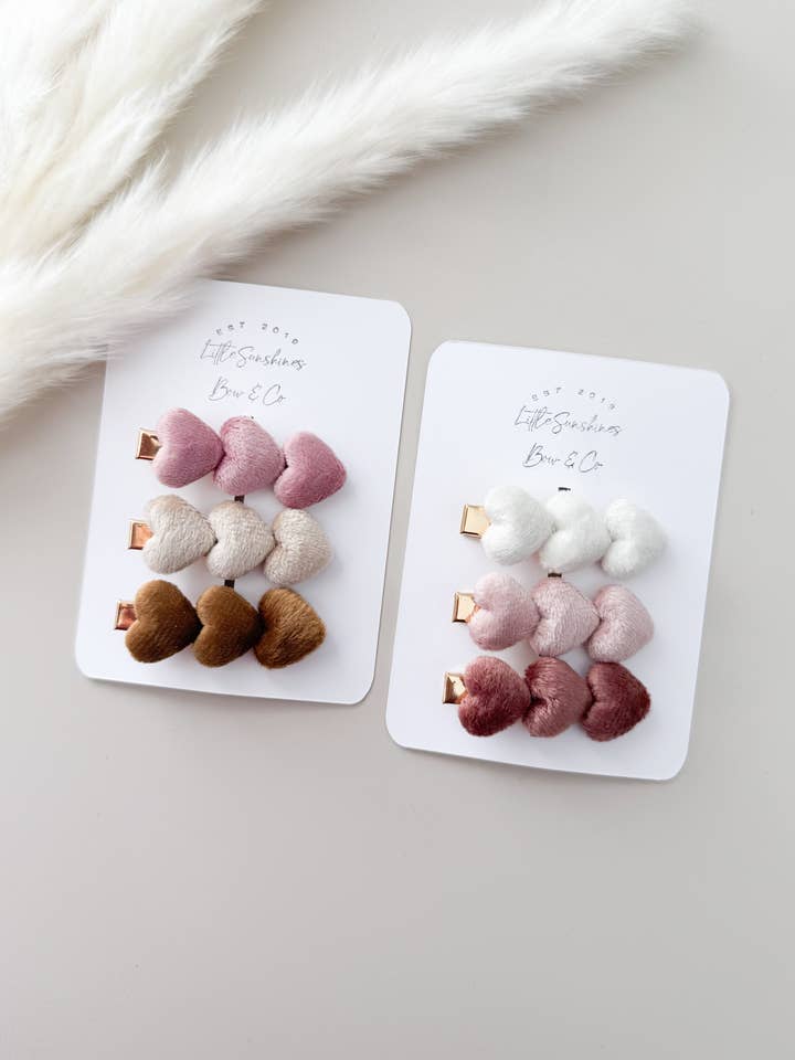 Velvet Heart Hair Clip Sets- Sets of 3 for wholesale by Little Sunshines Bow & Co