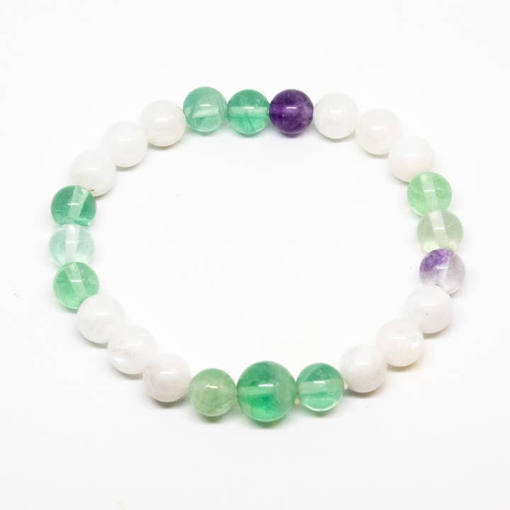 Bracelet orné de perles en fluorite et pierre de lune — Mala pour poignet — 8 mm pour la vente par Namu Baru Inc.