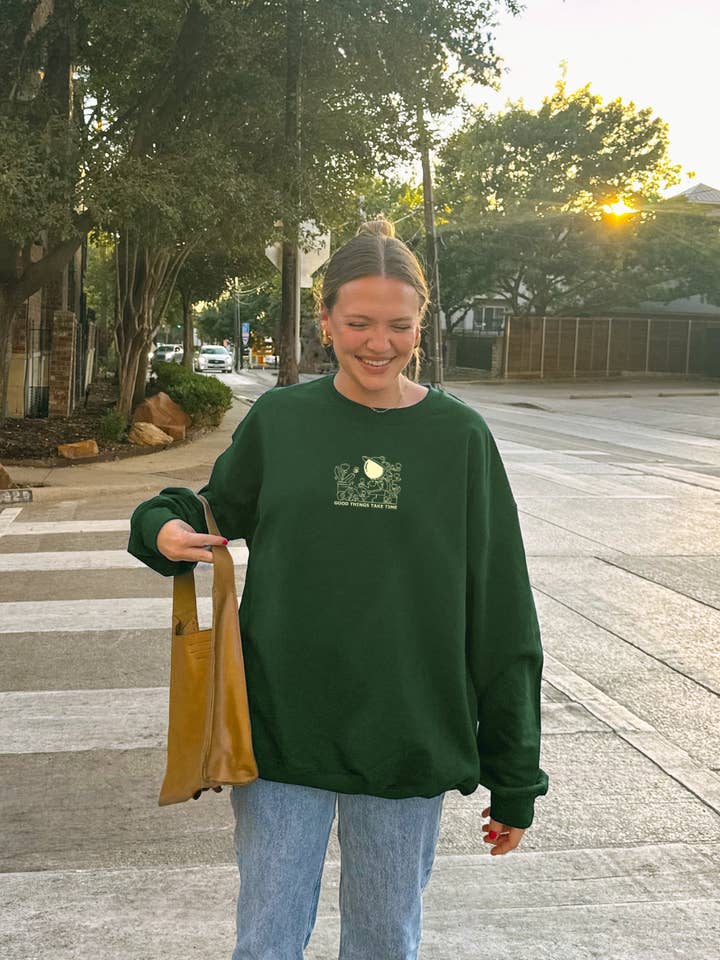 FOREST GREEN Good Things Take Time – Plant Lover Embroidered Sweatshirt for wholesale on Faire1