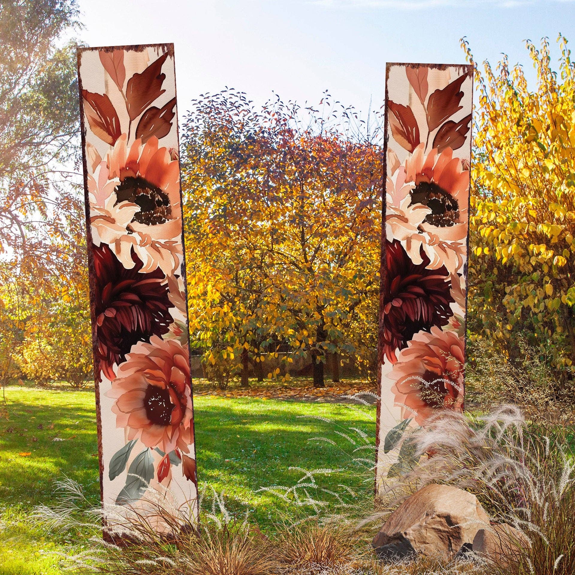 TX USA Corporation – Großhandel Pfosten/Pfähle – 42" Herbst Aquarell Blumen Gartenstecker | Lebendige Boho Outdoor Gartenkunst4