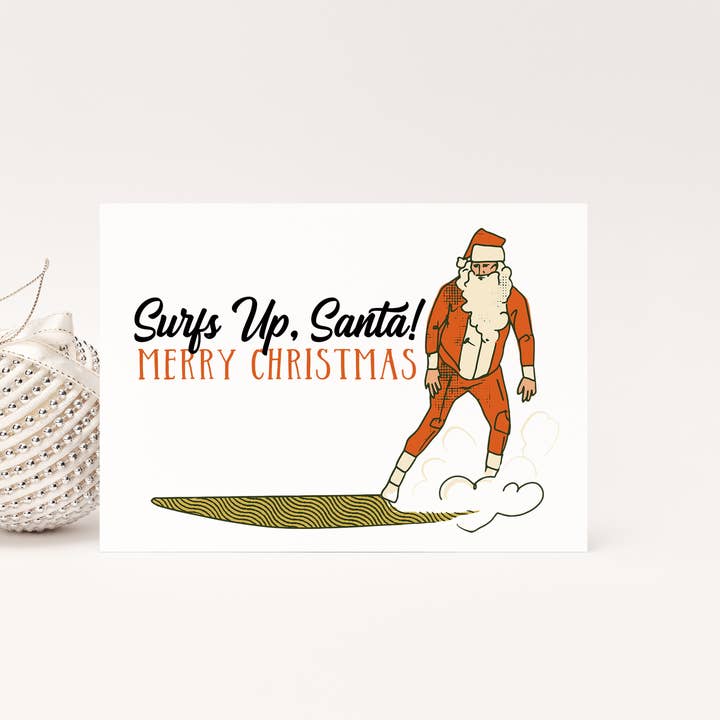 Retro Christmas Card for Friends, Surfing Santa, Summer Xmas for wholesale by Coco Press