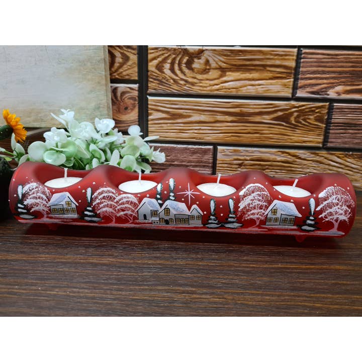 Glass by Iness - Wholesale Candle Holder - Red Glass Candle Holder, Centerpiece Style, Quadruple Holder