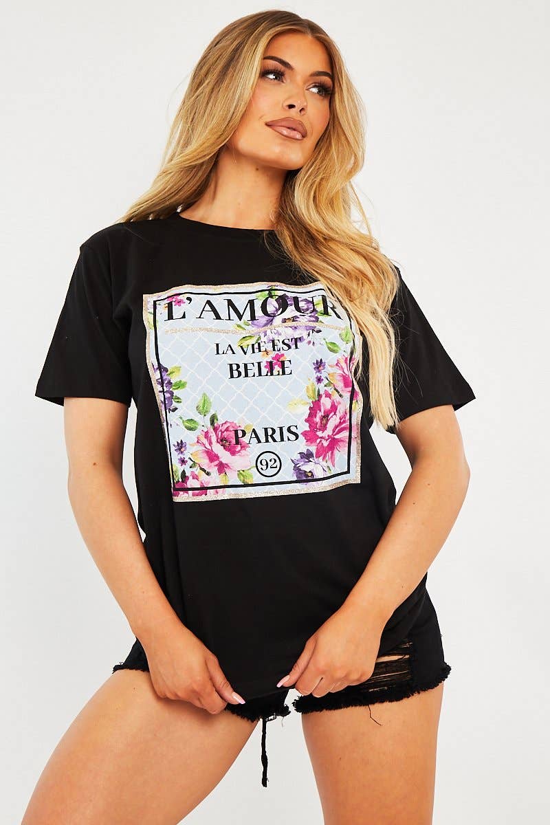 Black L'amour Slogan Graphic T-shirt - Leighna for wholesale on Faire1