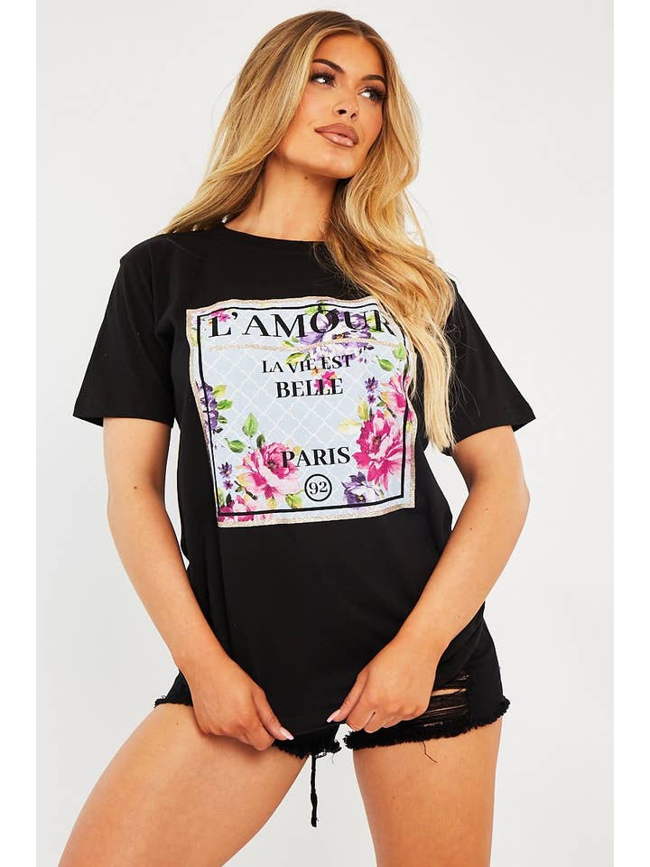 Black L'amour Slogan Graphic T-shirt - Leighna for wholesale on Faire1