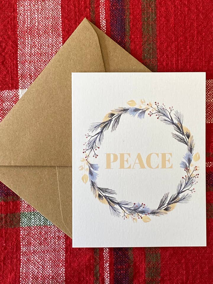 Carte de Noël pour la paix | Carte de Noël simple avec couronne pour la vente par The Butter and Honey Co.