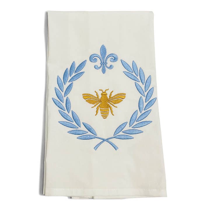 Vibrantly Blue - Wholesale Tea Towel - Towel - Bee on Laurel Wreath on white1