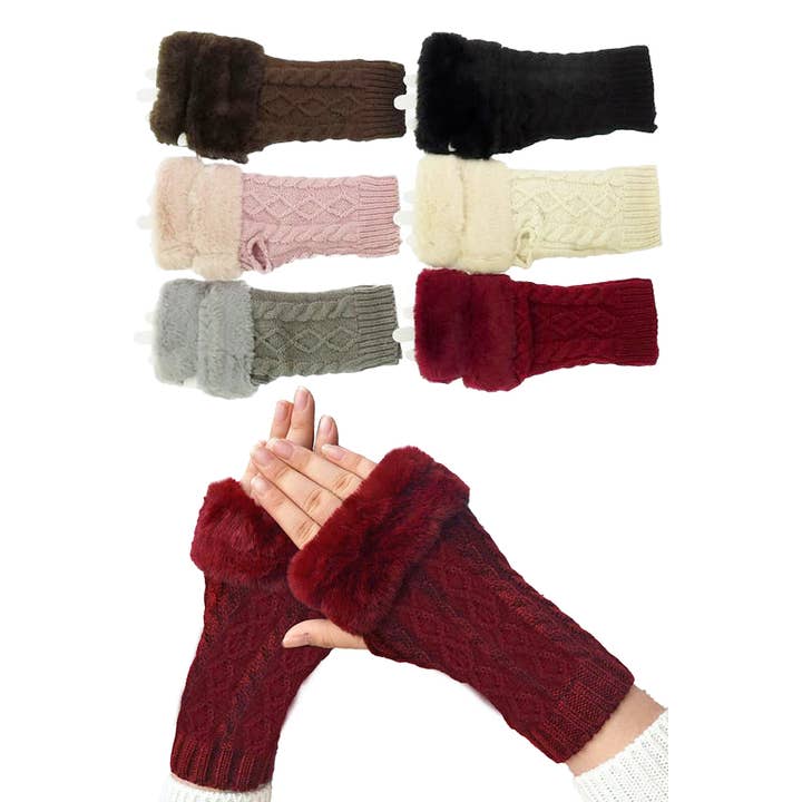 Cap Zone - Wholesale Arm Warmers - Women's - Women's Faux Fur Cable Diamond Knitted Fingerless Arm Warmer