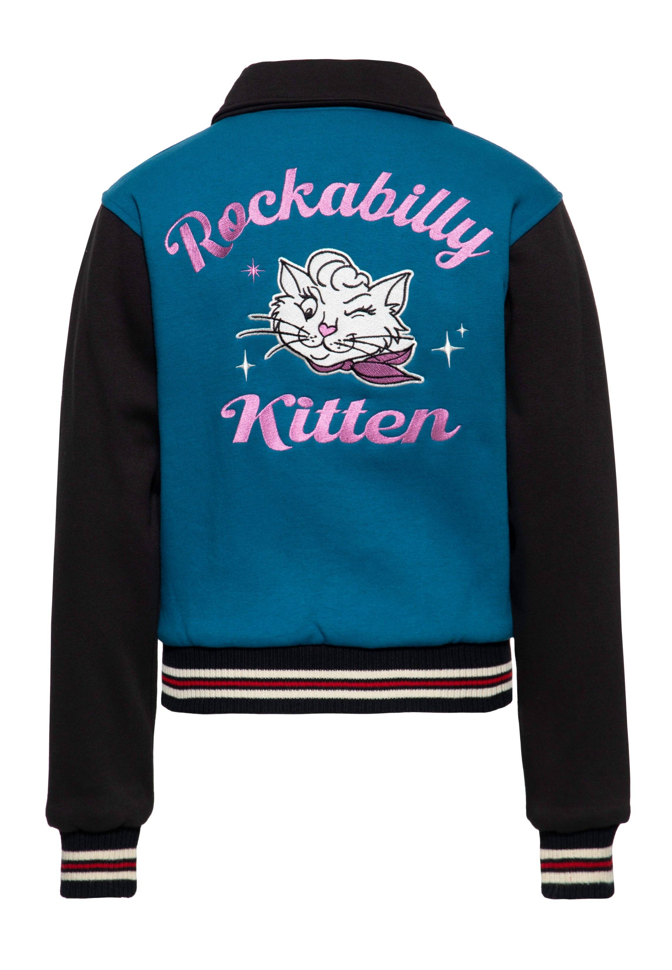 teal College jacket "Rockabilly Kitten" for wholesale on Faire1
