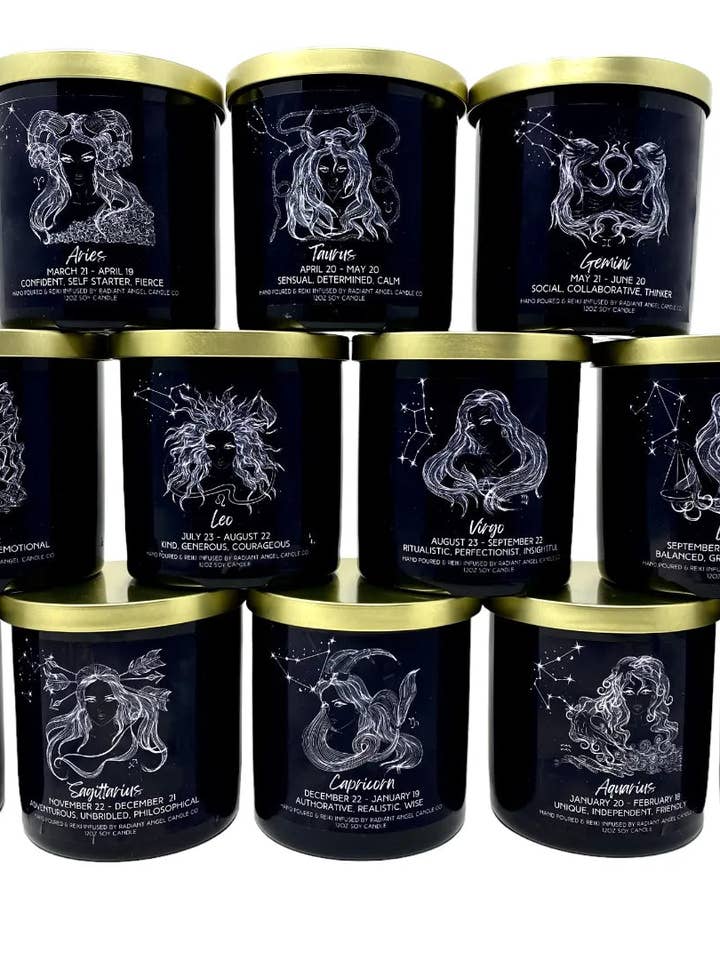 Candele Zodiac, profumate Zodiac Goddesse con cristallo, set di 24 per la vendita all'ingrosso da parte di Radiant Angel Candle Co