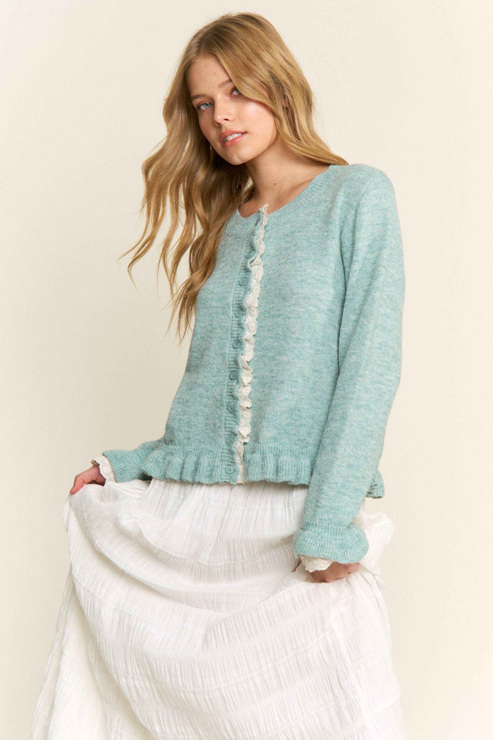 CANDESCENT - Wholesale Cardigan - Women's - Lace Trim Ruffle Hem Cardigan13