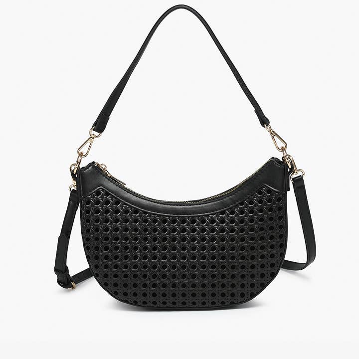 Jen & Co. - Wholesale Crossbody Bag - Women's - M2669 Daisy Half-Moon Rattan Crossbody w/ Vegan Leather Contrast