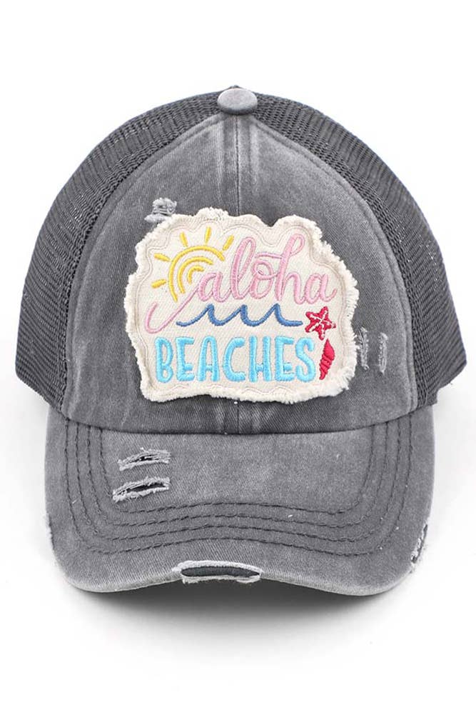 Hana - Wholesale Ponytail Cap - Women's - C.C Aloha Beaches Patch Distressed Pony Cap2