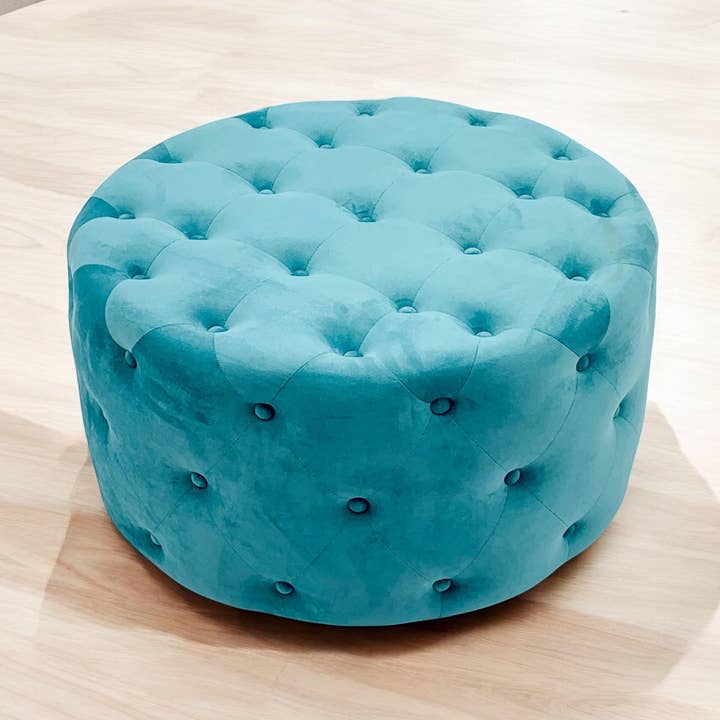 80X80Cm Blue Buttoned Round Footstool for wholesale by Minster Stylish Living Ltd