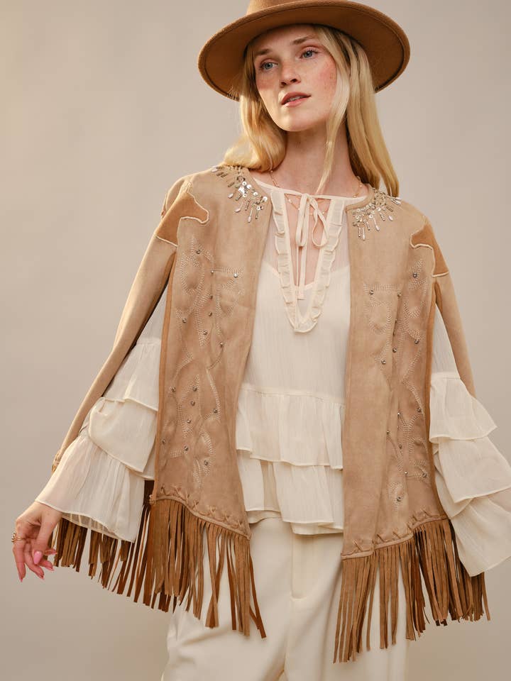 37098J - Casaco Western Fringe Cape por atacado de Blue B