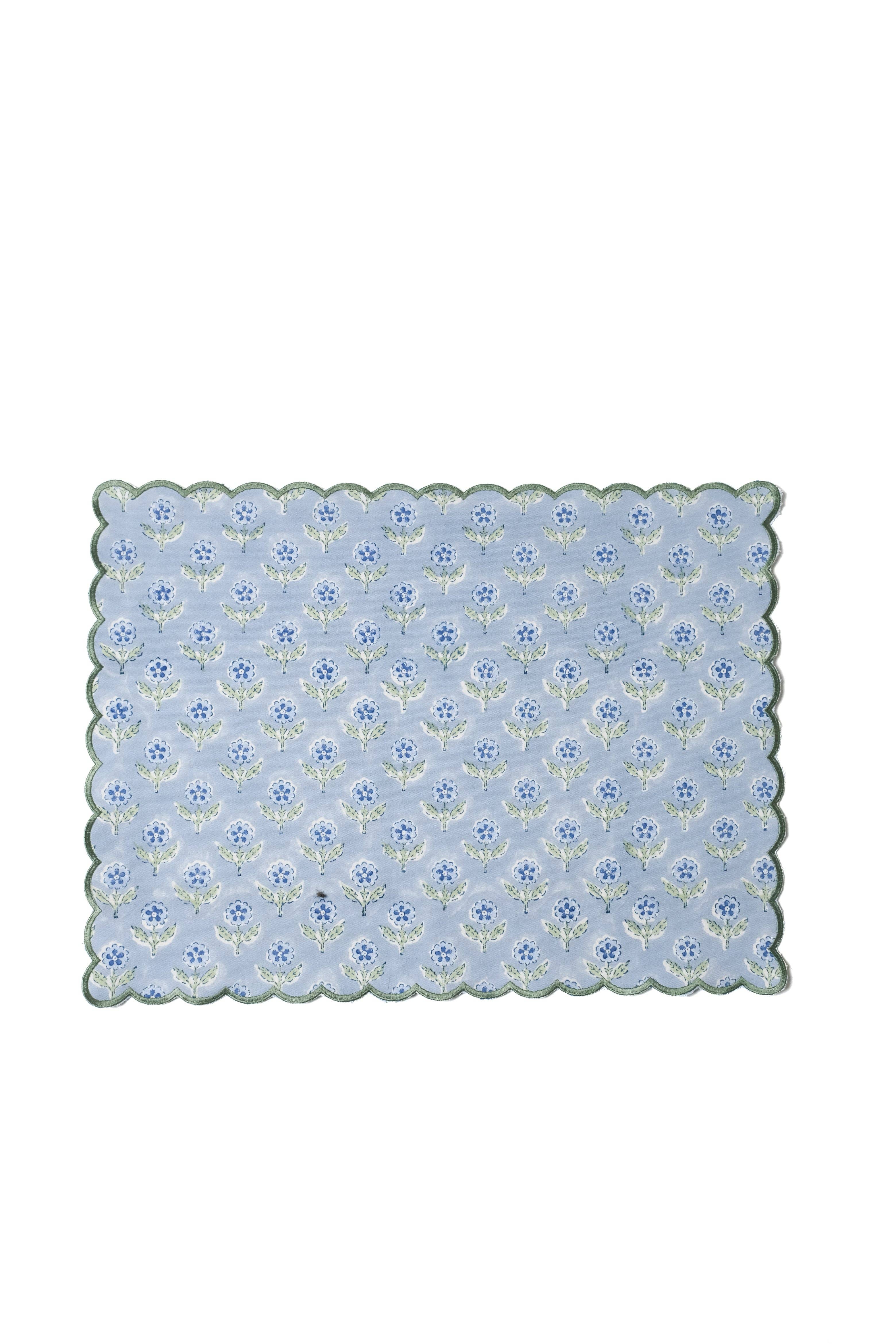 Inner Child - Wholesale Placemat - Mona Scallop Embroidered Blockprint Placemat in Blue2