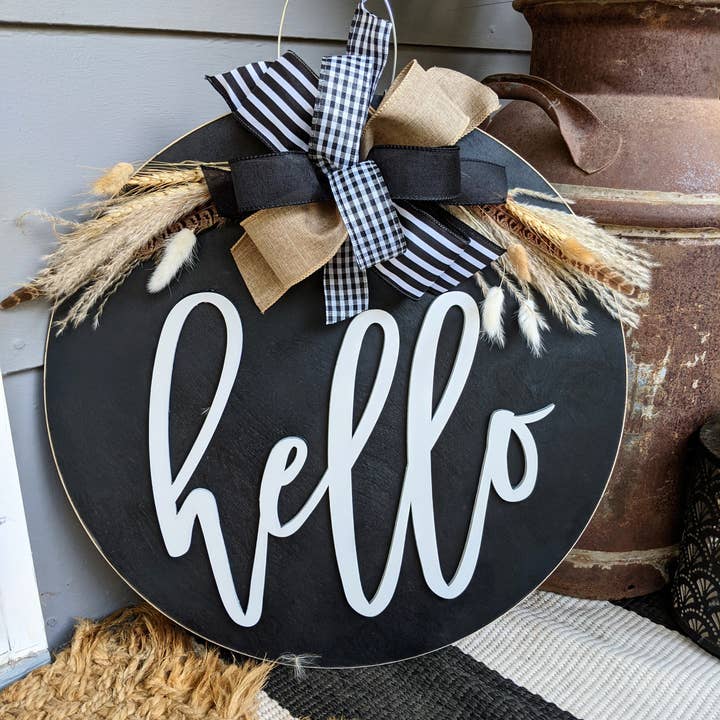 Pocketful of Posies - Wholesale Door Hanger - Boho Hello Black Door Hanger
